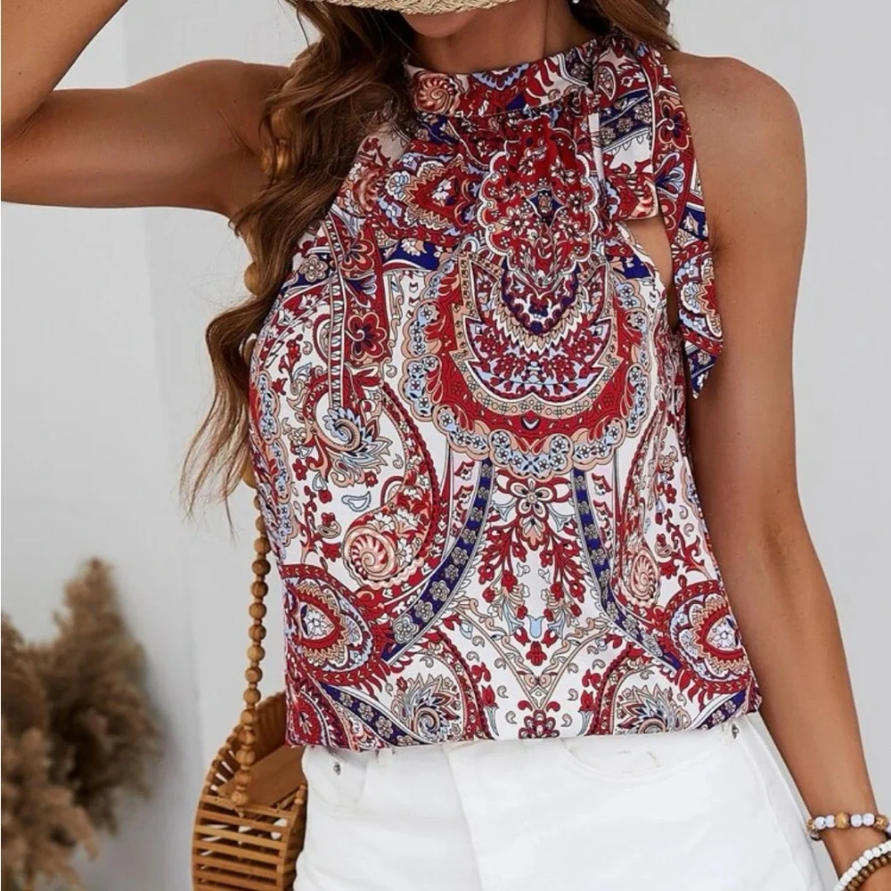 Boho Paisley Print Halter Tank Top Blouse Shirt - Picture 3 of 5
